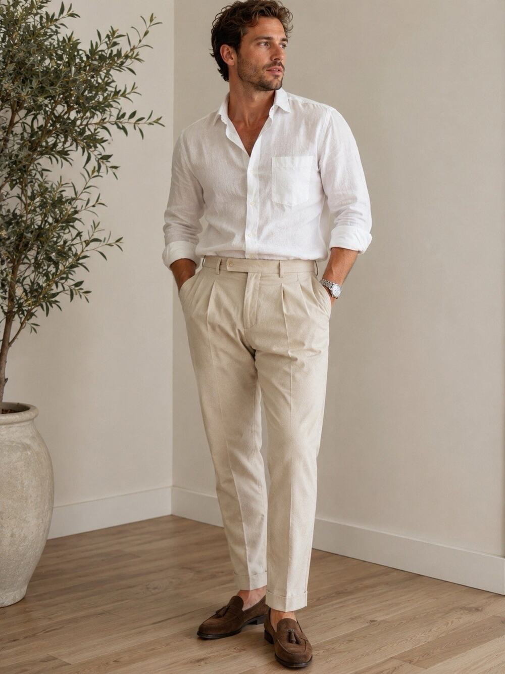 Berwich Italy Beige Stretch Pleated Chino Pants Men’s EU 48 US 32 Made in Italy